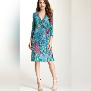 BCBGMaxazria Teal Blue Floral Long Sleeves‎ Jersey True Wrap Midi Dress Small